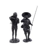 Pair of Japanese Meiji period bronzes of a wood cutter and a farmer