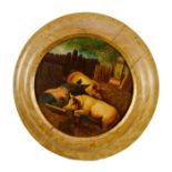 George Polhill of Croydon, 19th century, pair of oils on board, tondo - farmyard scenes with pigs an