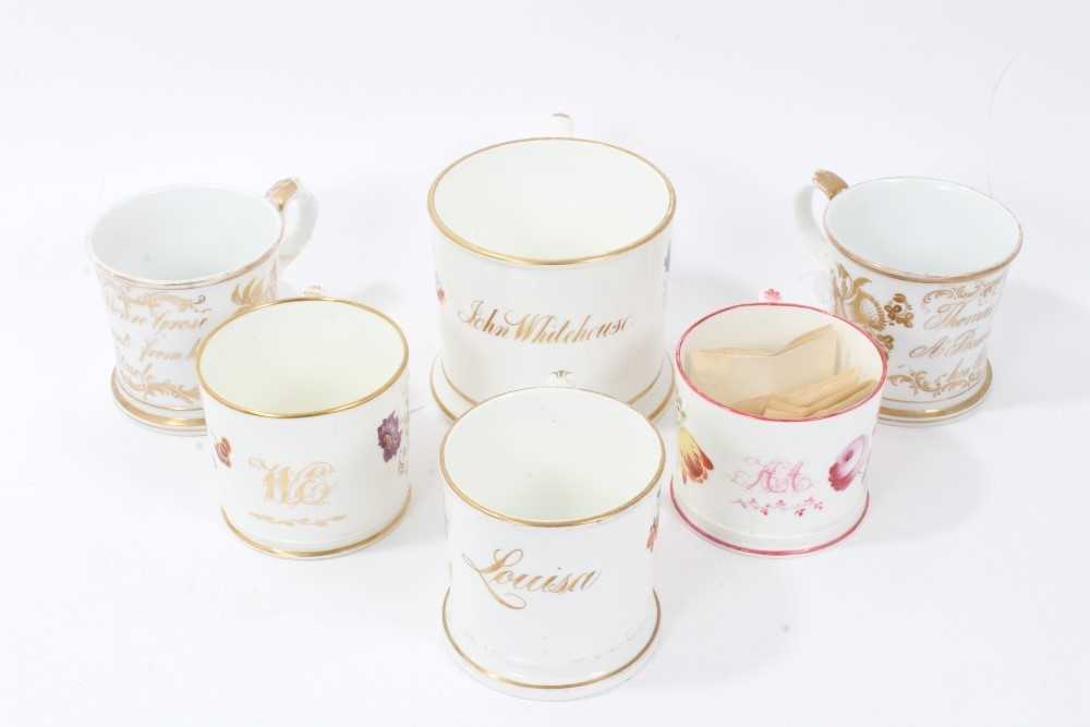 Good collection of six mid-19th century floral painted mugs with dedications, dates etc