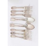 Set of six Victorian silver fiddle pattern dinner forks (London 1844) and two similar table spoons.
