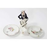 Two mid 18th century Meissen saucers, a teacup, a Coalport Naval eggcup and a Staffordshire figure