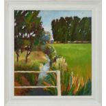 David Britton , contemporary, oil on board - Stream at Minsmere, signed, framed, 60cm x 54.5cm