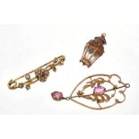 Victorian gold lantern charm, Victorian brooch and an Edwardian pendant