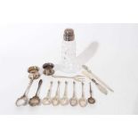Selection of silver and white metal, including paper knife, napkin rings, silver lidded sifter.