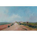 David Britton , contemporary, oil on board - Pathe to Martelo Tower, Aldeburgh, signed, framed, 64cm