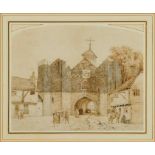 East Anglian School, 19th century, sepia watercolour - West Gate, Ipswich, in glazed gilt frame