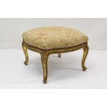 Large 19th century French carved giltwood stool with embroidered seat