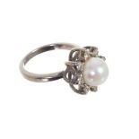 Cultured pearl and diamond cluster ring