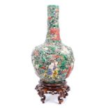 Chinese famille verte reticulated bottle vase, decorated in relief with immortals and a dragon, six
