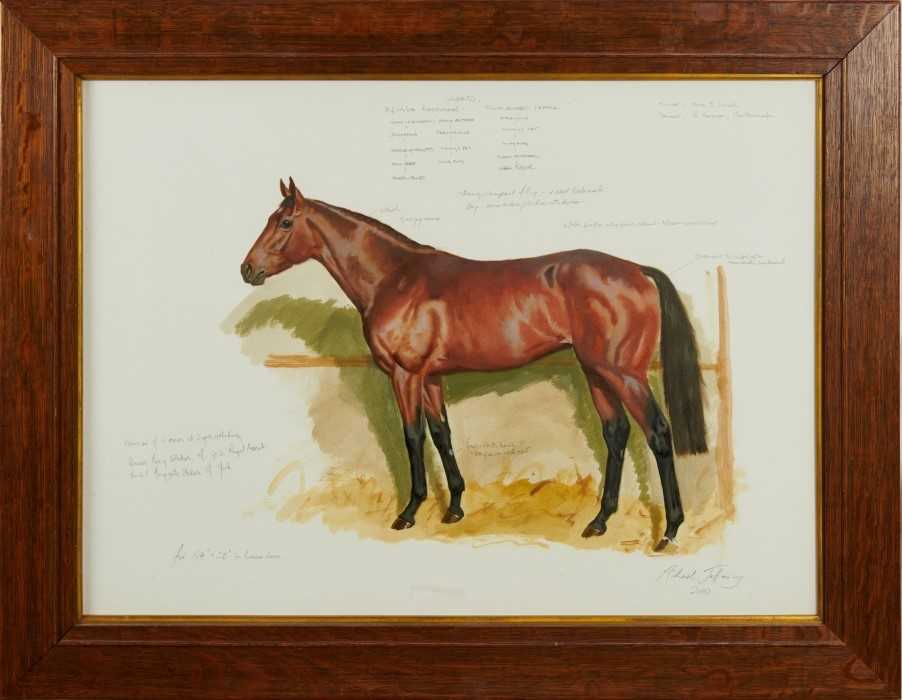 Richard Jeffrey, 20th century, gouache - a bay racehorse, 'Gilded', trained by Richard Hannon, signe