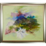 *Glyn Morgan (1926 - 2015), oil on canvas - 'Landscape with a white flower', 102cm x 120cm, framed