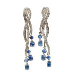 Pair of diamond and sapphire pendant earrings with blue sapphire cabochons suspended from three arti