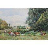 Miller Smith (1854-1937), watercolour - Cattle in water meadows, signed and dated 1905, 27 x 37cm