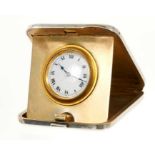 Art Deco silver cased travel purse watch in square silver case with gilded interior and engine turne