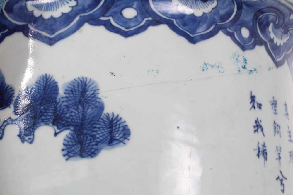 Large early 20th century Chinese blue and white jardiniere, painted with figural scenes and calligra - Image 9 of 10