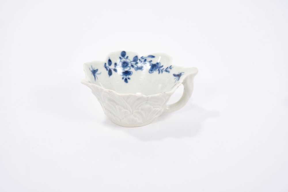 Worcester blue and white butter boat, circa 1760, geranium moulded, painted with the Pickle Leaf Dai