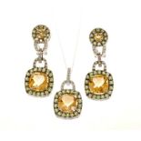 Suite of 14ct gold citrine, peridot and diamond jewellery to include a pair of earrings and pendant