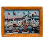 19th century Chinese reverse painted on glass picture of the Canton hongs in maple frame