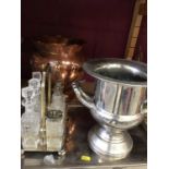 Silver plated tray, wine cooler, condiment frame, copper jardiniere and selection of books