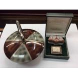 Miniature silver music box, ceramic pill box and an Art Deco dressing table powder pot