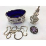 Silver salt, silver pepperette, Scottish amethyst brooch and silver chain