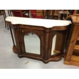 Victorian Burr Walnut Serpentine fronted credenza with mirrored glass doors with marble top