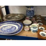 19th century English ceramics, including transfer ware platters and jug, miniature Sunderland lustre