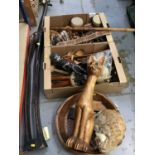 Quantity of treen items including carved wood cat and large giraffe, two wooden printing blocks and