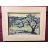 Oil on board- orchard view, signed Stocker, framed