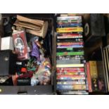 Group DVDs, mantle clock, toys, sewing accessories and sundries