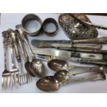 Silver handled cutlery, other silver and white metal cutlery, two silver napkin rings and Continenta