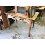 Antique pine farmhouse kitchen table with scrubbed top, single drawer on square taper legs