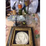 Art Nouveau style reproduction pewter centre piece together with a Stuart crystal vase, brass clock