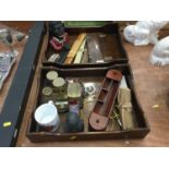 Two stationary trays together with with brass letter scales and sundry items