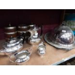 Large plated meat cover, plated four piece teaset, Mdina glass bowl and sundries