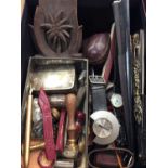 Wax seals, coins, pipe, two wristwatches, fans and sundries