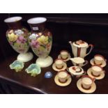 Art Deco Carlton Ware tea set, pair painted glass vases and pair Vaseline glass dishes