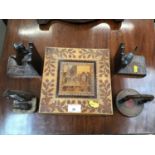 Group of Treen items to include carved Black Forest thermometer, box with inlaid and poker work deco