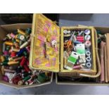 Four boxed of sewing accessories including large selection of coloured threads, wicker sewing box, b