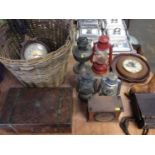 Stow Green wicker log basket, wall barometer, wooden work box, clocks, vintage lanterns and sundries