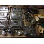 Six Edwardian silver plated entree dishes, assorted silver plated cutlery, biscuit barrel and other