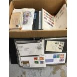 Box of assorted stamps, first day covers etc