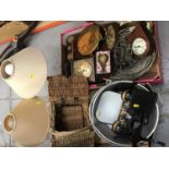Set kitchen scales, bass gong, mantle clock, small wicker hamper, two table lamps and sundries