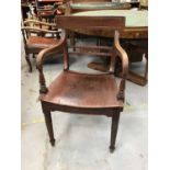 Regency mahogany kitchen elbow chair together with an Edwardian inlaid mahogany corner chair