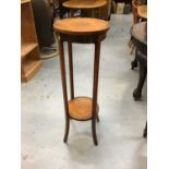 Two early 20th century mahogany two tier stands, small drop leaf table and mahogany wine table