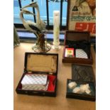 Sundry items, including packs of tarot cards, Capodimonte cranes, glass vase, etc