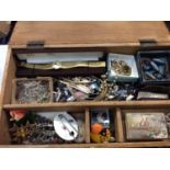 Painted wooden sewing box containing costume jewellery and bijouterie