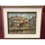 Oil on board- houses by a river, sighed J. Rosa 66, framed
