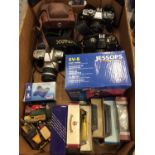 Box vintage cameras including Minolta, together with toy model cars