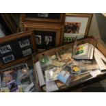 Box of framed Beatles pictures, Elvis cards and other ephemera